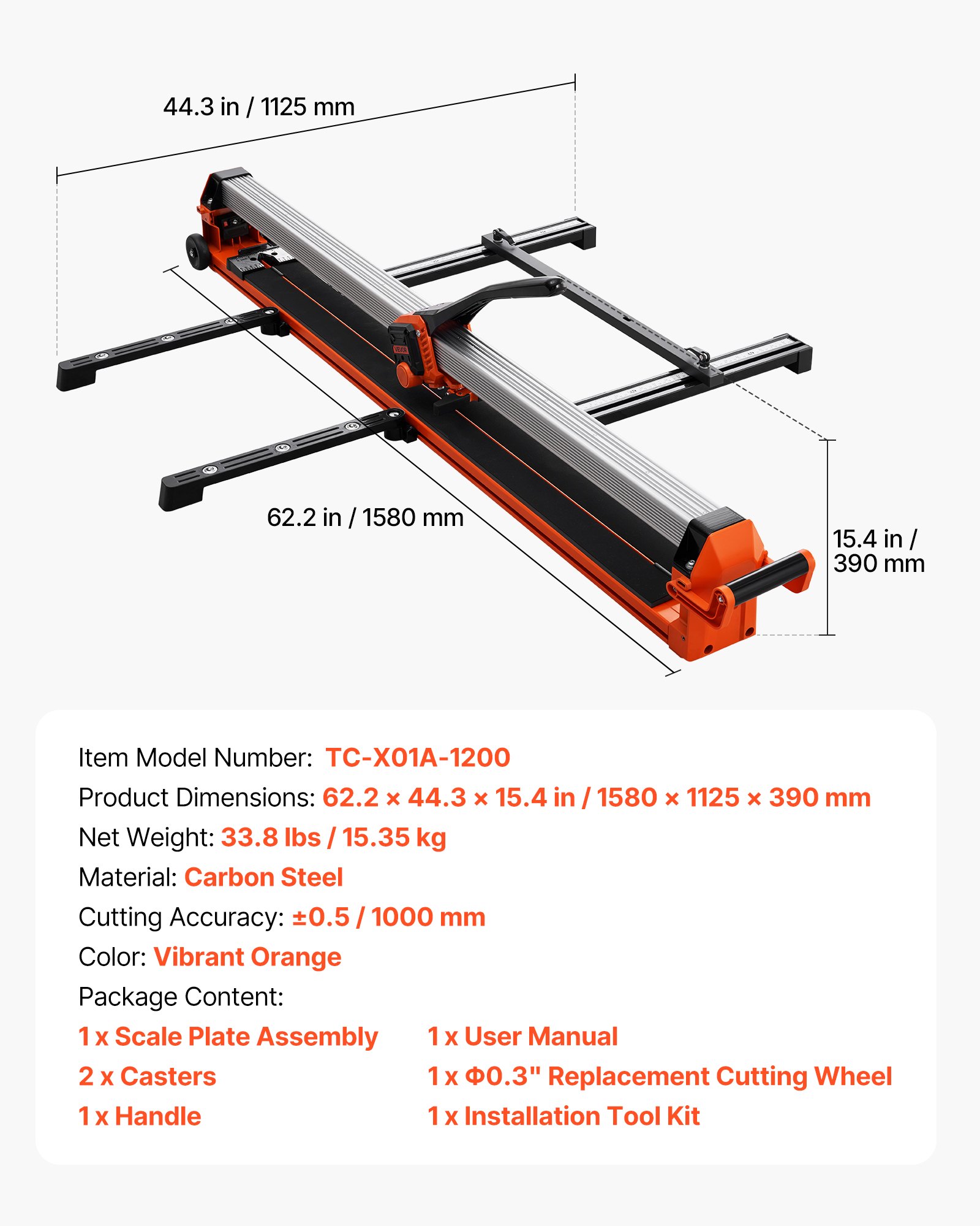 VEVOR 47.2-Inch Manual Tile Cutter, Upgraded Rail and Sliding Head, Precision Alignment Guide, Tungsten Carbide Cutting Wheel, Support Legs with Swivel Wheels, for DIY Pros, Ceramic, Floor, Wall Tiles