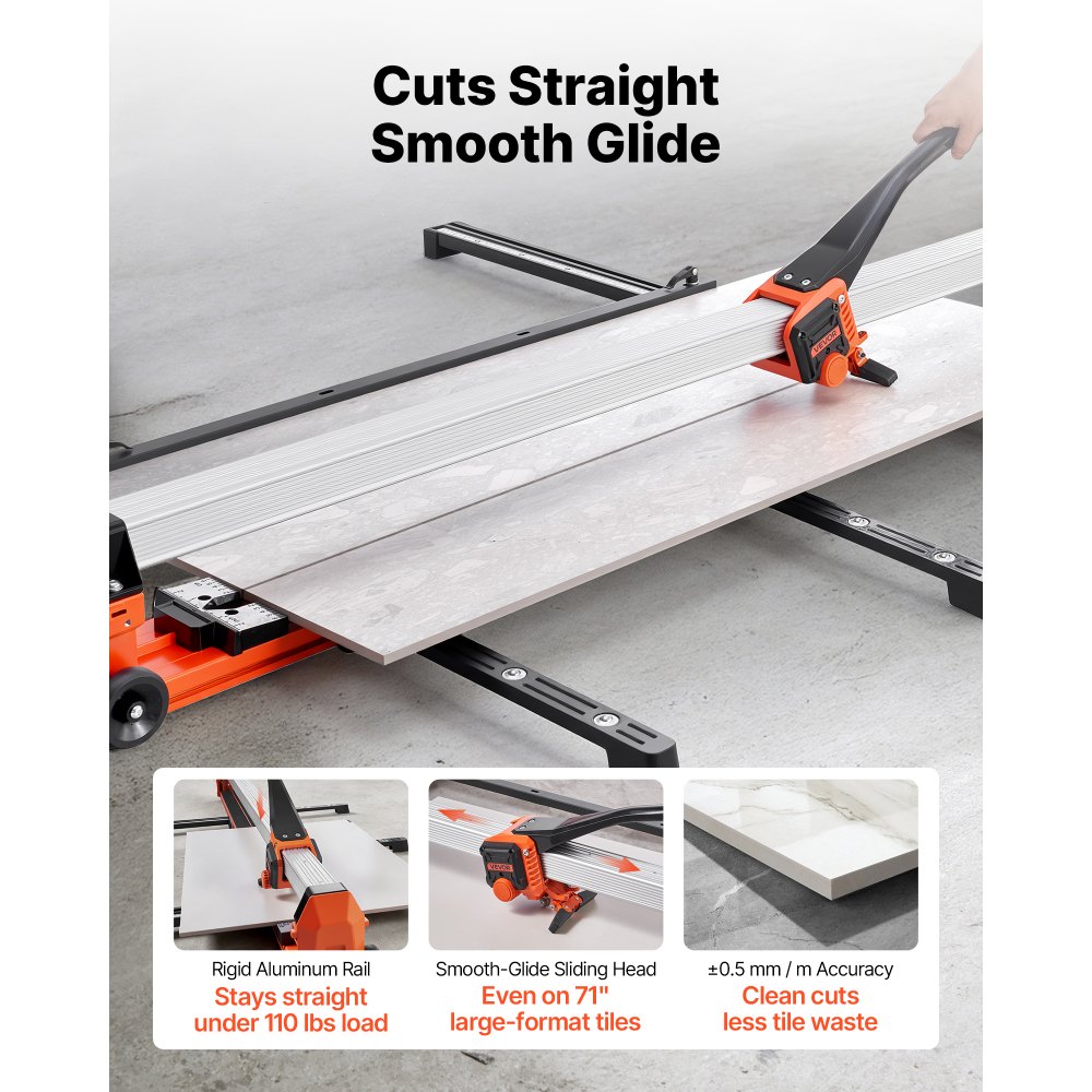 VEVOR 71-Inch Manual Tile Cutter, Upgraded Rail and Sliding Head, Precision Alignment Guide, Tungsten Carbide Cutting Wheel, Support Legs with Swivel Wheels, for DIY Pros, Ceramic, Floor, Wall Tiles