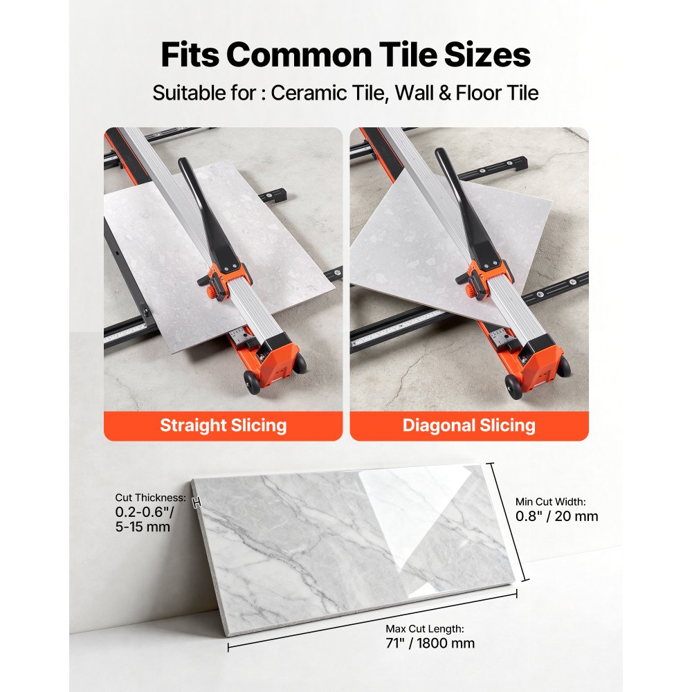 VEVOR 71-Inch Manual Tile Cutter, Upgraded Rail and Sliding Head, Precision Alignment Guide, Tungsten Carbide Cutting Wheel, Support Legs with Swivel Wheels, for DIY Pros, Ceramic, Floor, Wall Tiles