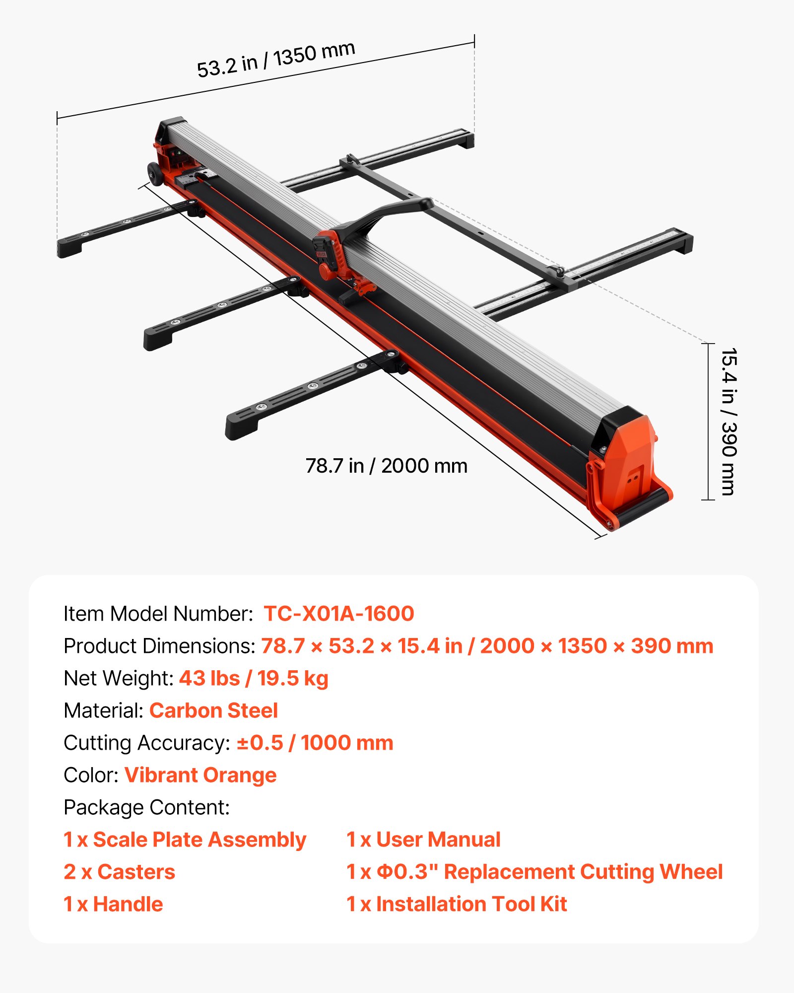 VEVOR Tegelsnijder 1600 mm, Tegelsnijmachine met rail en schuifkop, precisie-uitlijnhulp, wolfraamcarbide snijschijf, steunpoten met wielen, keramische, vloer- en wandtegels