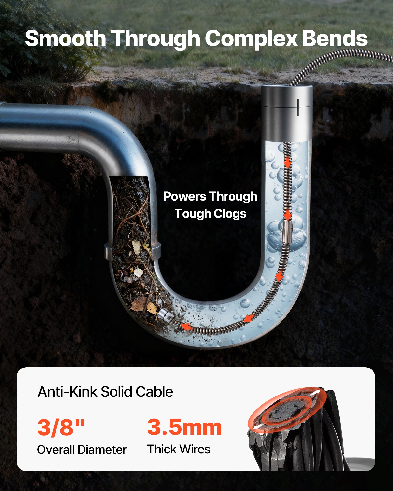 Mophorn Drain Cleaning Cable 50 Feet x 3/8 Inch Pipe Drain Cleaning Cable Sewer Drain Auger Snake Drain Auger Cable Cleaner Snake Clog Pipe Solid Core Cable Sewer Cable