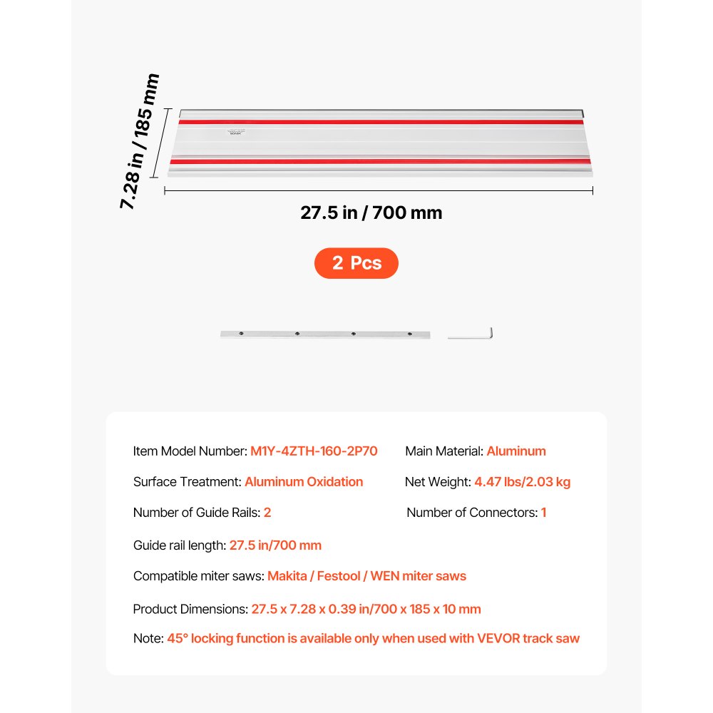 VEVOR geleiderail voor handcirkelzagen, inclusief 2 x 700 mm aluminium cirkelzaagrails en 1 connector, compatibel met diverse merken invalzagen, voor houtbewerkingsprojecten.