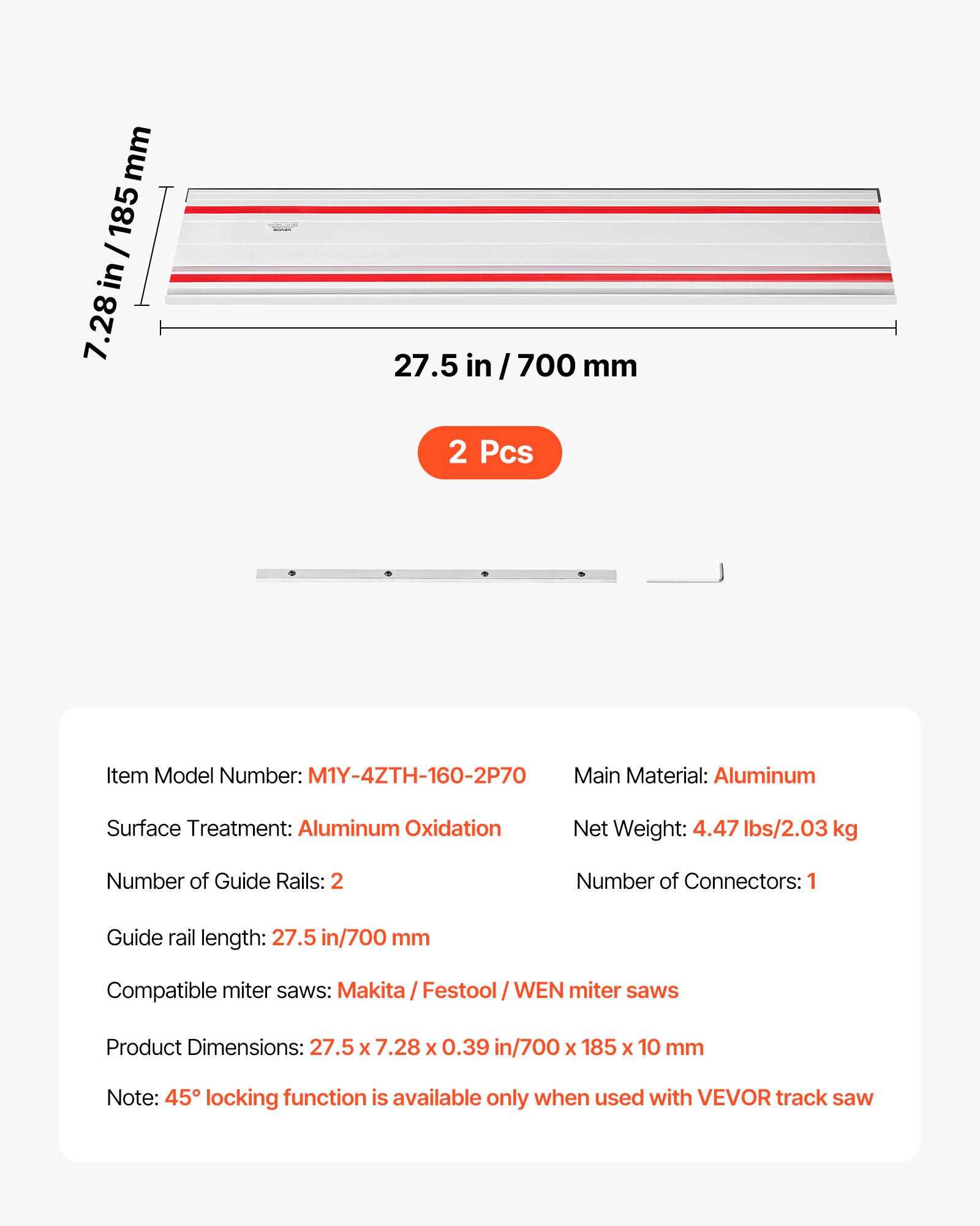 VEVOR geleiderail voor handcirkelzagen, inclusief 2 x 700 mm aluminium cirkelzaagrails en 1 connector, compatibel met diverse merken invalzagen, voor houtbewerkingsprojecten.