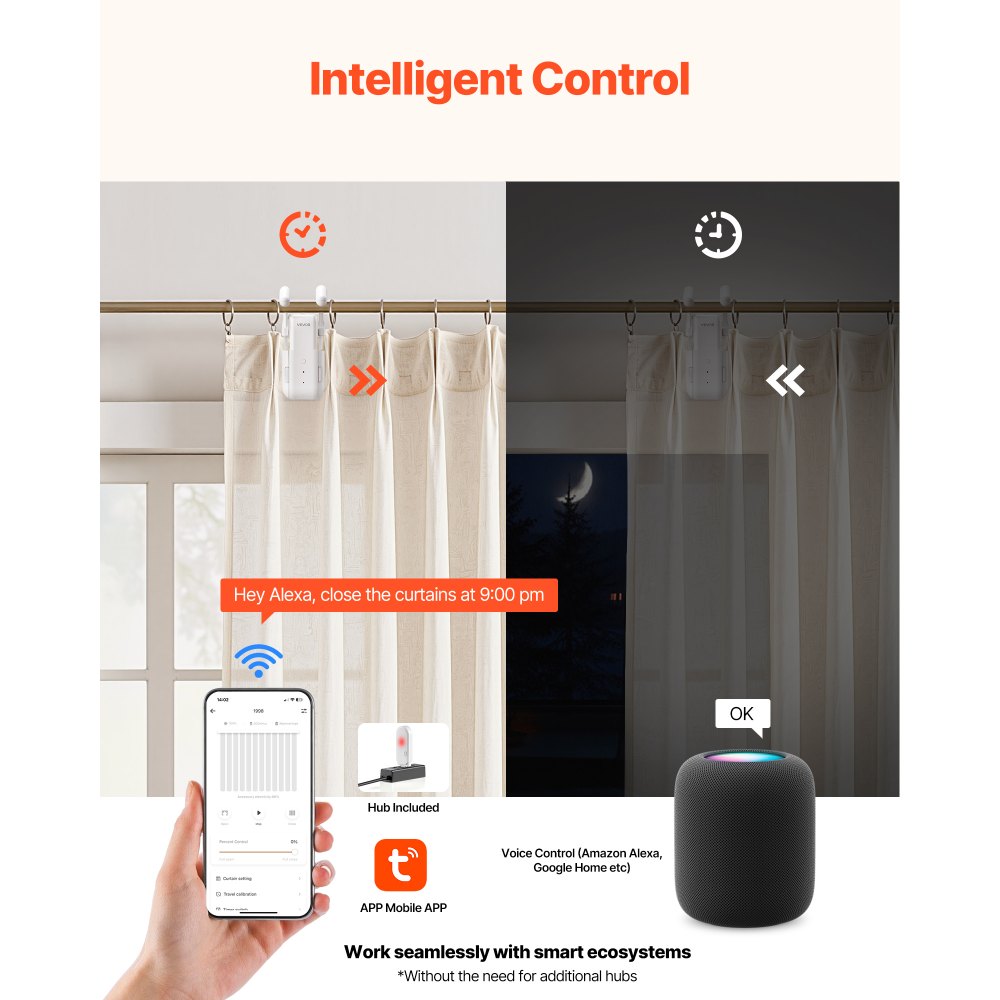 VEVOR automatische gordijnopener (bediening via app en afstandsbediening), elektrische gordijnopener, compatibel met Alexa en Google Home, met stille modus en timer, voor Romeinse gordijnroeden.