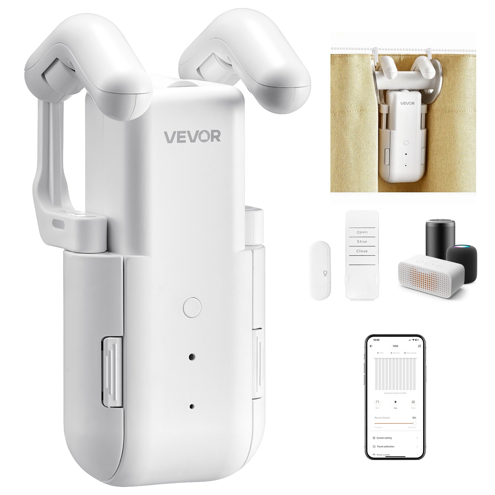 VEVOR automatische gordijnopener (bediening via app en afstandsbediening), elektrische gordijnopener, compatibel met Alexa en Google Home, met stille modus en timer, voor Romeinse gordijnroeden.