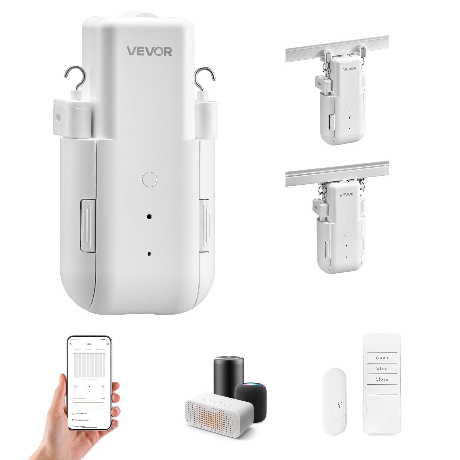 VEVOR Automatische Gordijnopener (Bediening via App & Afstandsbediening) Elektrische Gordijnopener, Compatibel met Alexa & Google Home, met Stille Modus & Timer, voor U-vormige/I-vormige Rails