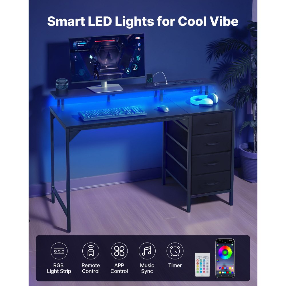 VEVOR Computerbureau, Kantoortafel, Bureau met Slimme LED-verlichting en Stopcontacten, Werktafel met 4 Grote Laden en Monitorstandaard, Studeerkamer Woonkamer Thuiskantoor Zwart