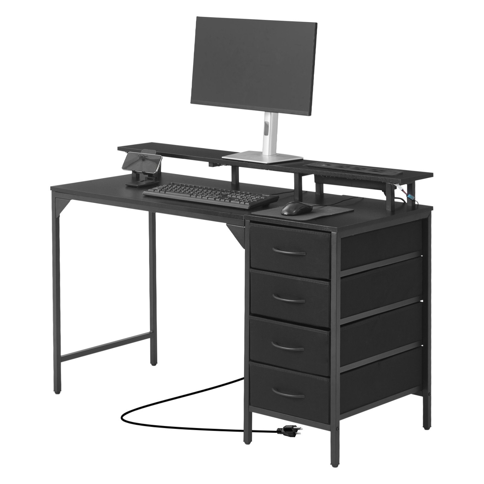 VEVOR Computerbureau, Kantoortafel, Bureau met Slimme LED-verlichting en Stopcontacten, Werktafel met 4 Grote Laden en Monitorstandaard, Studeerkamer Woonkamer Thuiskantoor Zwart