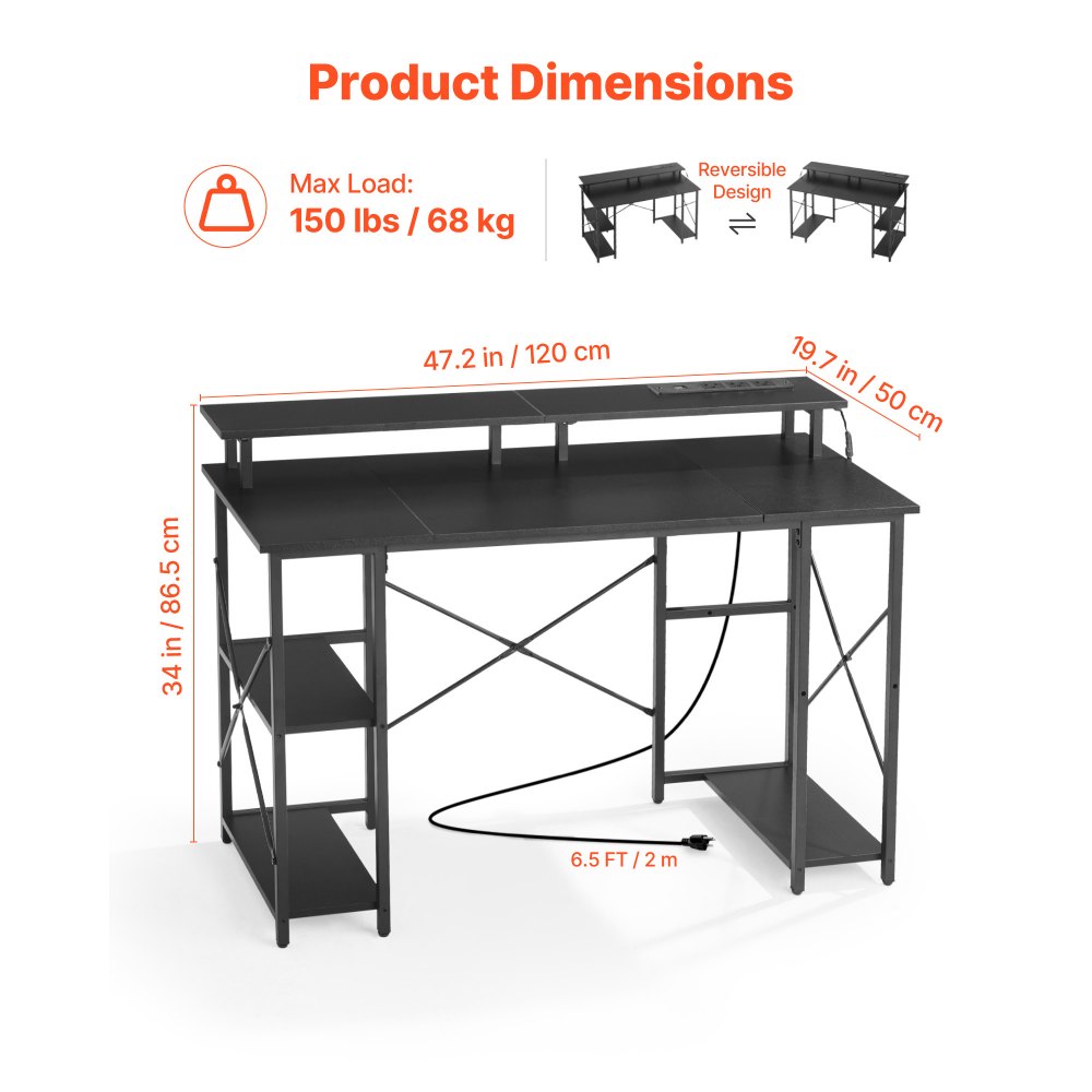 VEVOR 120 cm Computer Desk with Smart LED Lights and Power Outlets, Reversible Gaming Office Desk with Monitor Stand and 2-Tier Storage Shelves, Study Work for Home Office, Black