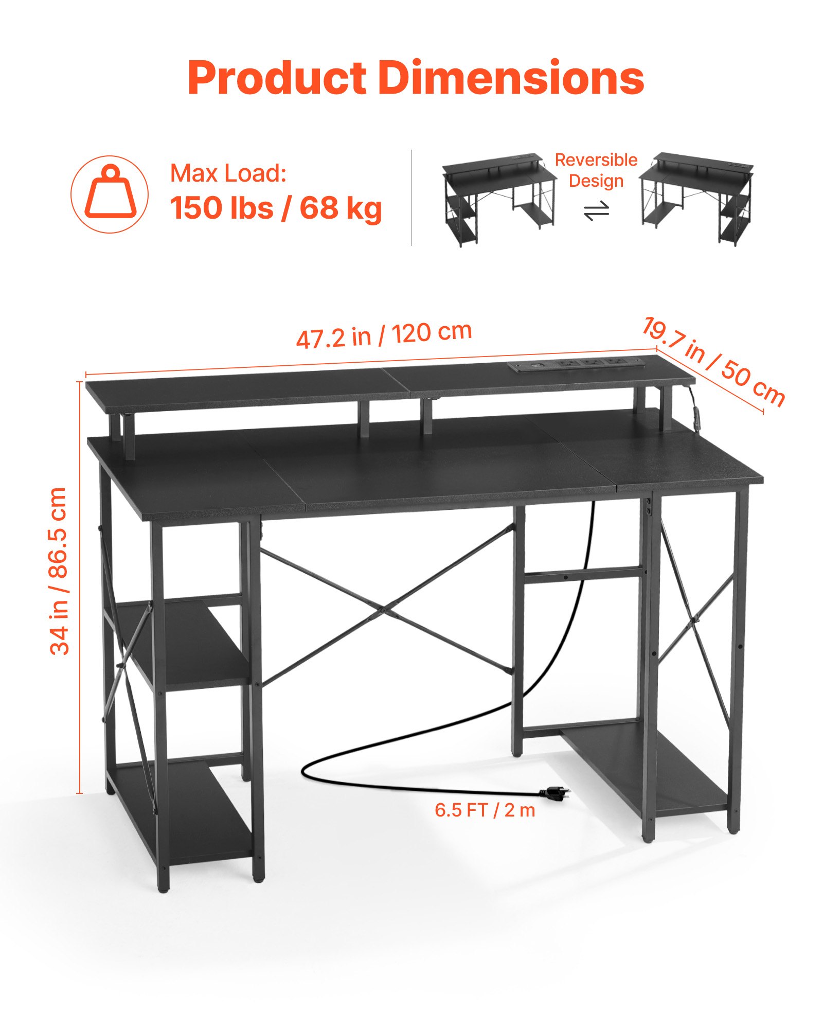 VEVOR Computerbureau, kantoortafel, bureau met slimme LED-verlichting en stopcontacten, werktafel met monitorstandaard en opbergplanken met 2 niveaus, studeerkamer, woonkamer, thuiskantoor, zwart