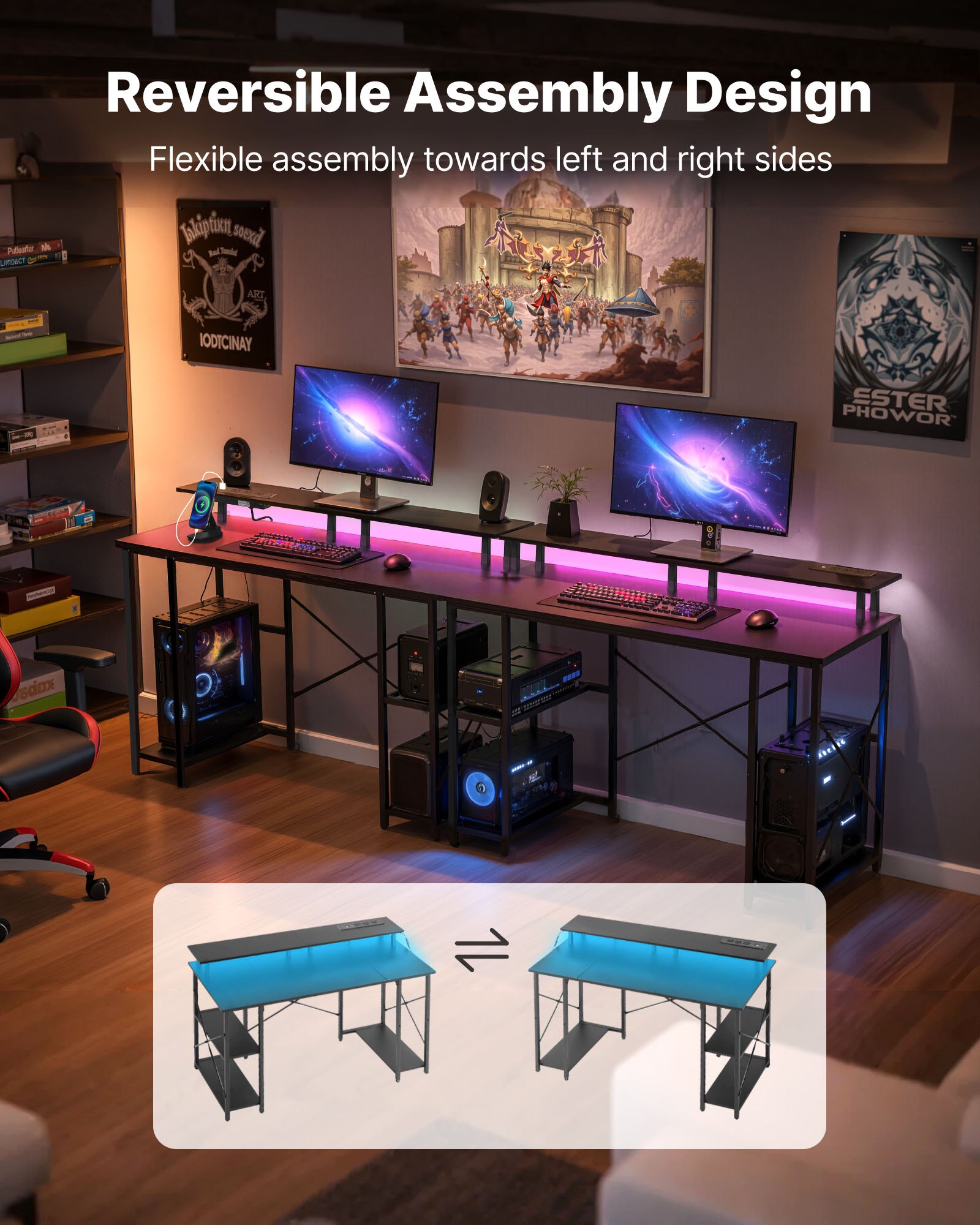 VEVOR Computerbureau, kantoortafel, bureau met slimme LED-verlichting en stopcontacten, werktafel met monitorstandaard en opbergplanken met 2 niveaus, studeerkamer, woonkamer, thuiskantoor, zwart