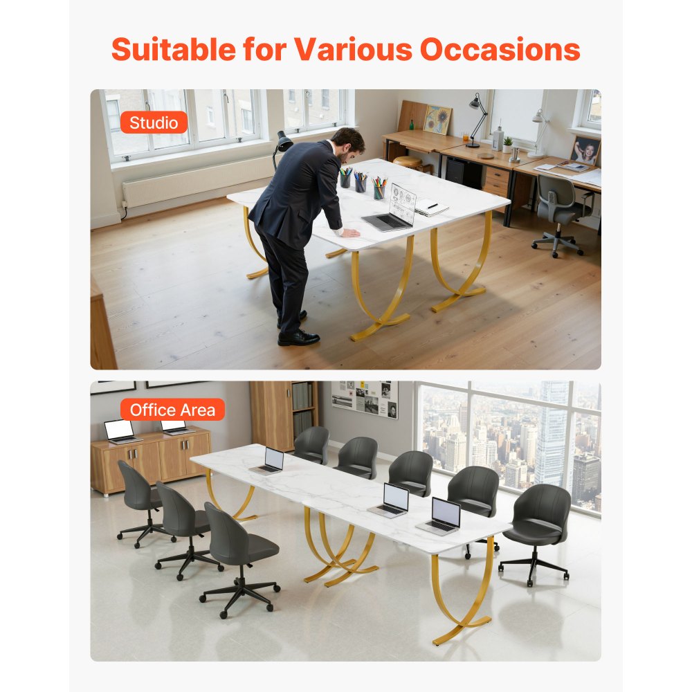 VEVOR Executive Desk, 160 cm W x 80 cm D Large Office Desk, Modern Computer Table Conference Meeting Room Table, Business Furniture Enlarged Desktop for Home Office, White and Gold