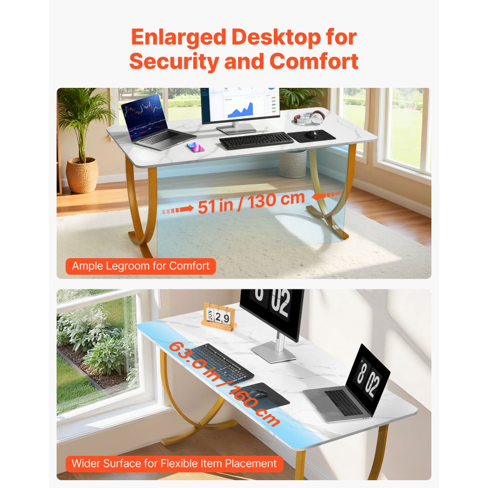 VEVOR Computerbureau Kantoortafel (160 x 80 cm Tafelblad), Moderne Werktafel met Metalen Frame en 158 kg Draagvermogen voor Thuiskantoor Studeerkamer Slaapkamer Woonkamer, Witgoud