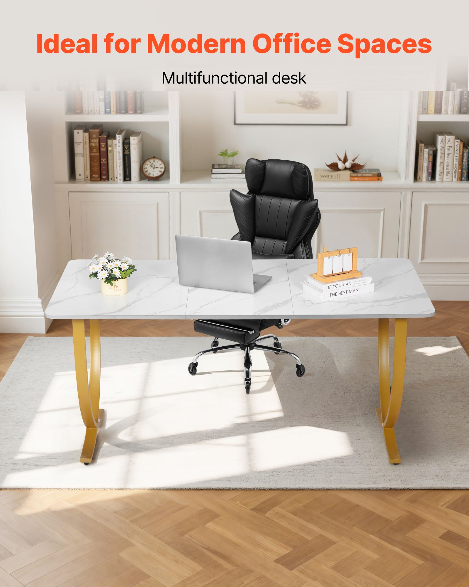VEVOR Computerbureau Kantoortafel (160 x 80 cm Tafelblad), Moderne Werktafel met Metalen Frame en 158 kg Draagvermogen voor Thuiskantoor Studeerkamer Slaapkamer Woonkamer, Witgoud