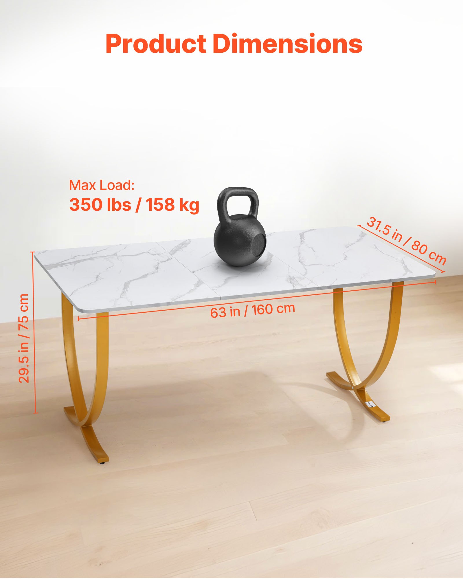 VEVOR Computerbureau Kantoortafel (160 x 80 cm Tafelblad), Moderne Werktafel met Metalen Frame en 158 kg Draagvermogen voor Thuiskantoor Studeerkamer Slaapkamer Woonkamer, Witgoud