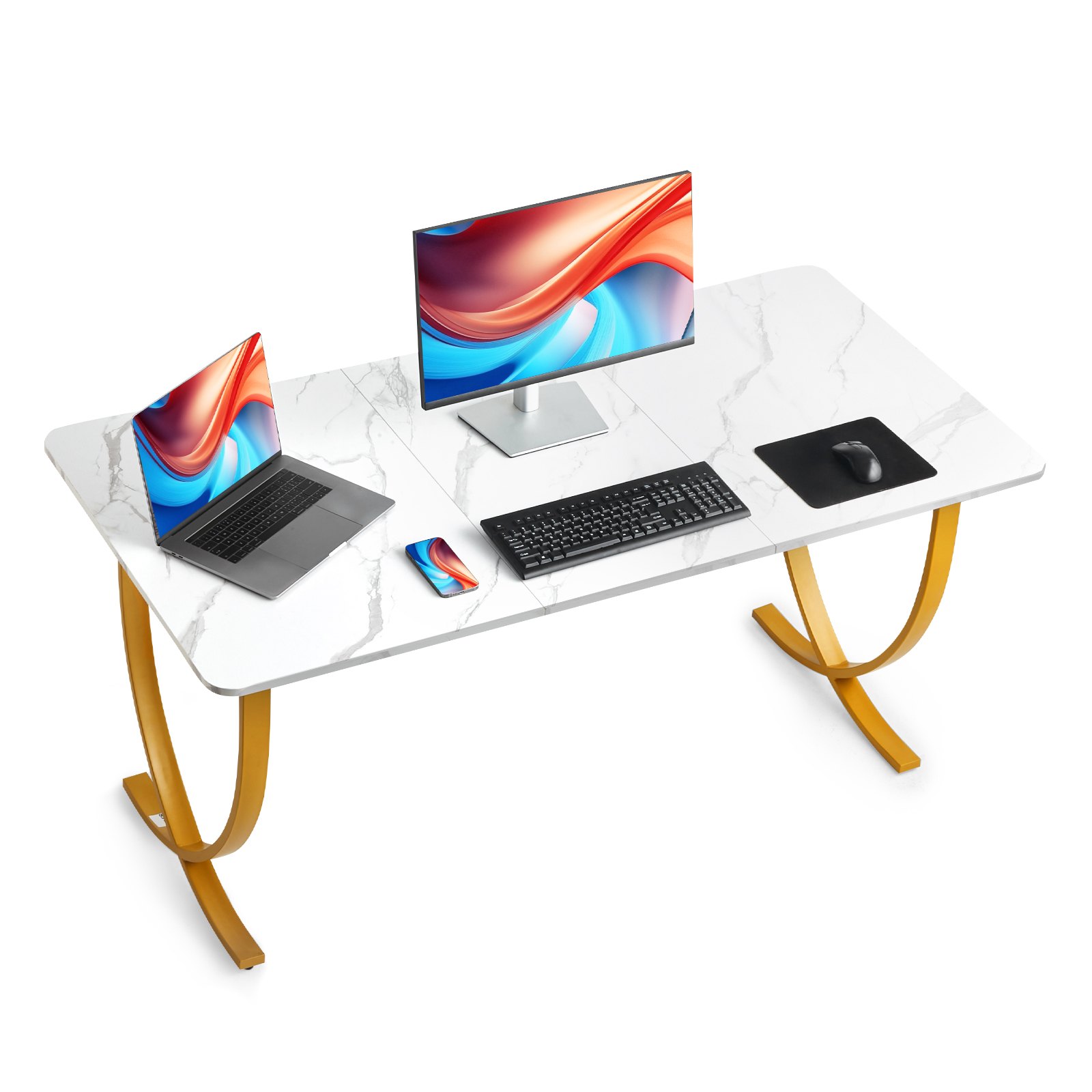 VEVOR Computerbureau Kantoortafel (160 x 80 cm Tafelblad), Moderne Werktafel met Metalen Frame en 158 kg Draagvermogen voor Thuiskantoor Studeerkamer Slaapkamer Woonkamer, Witgoud