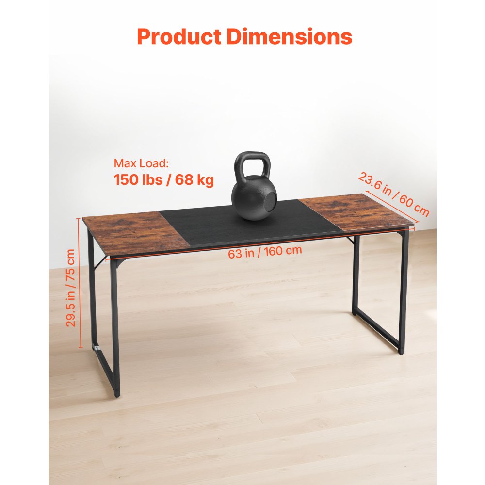 VEVOR Computerbureau Kantoortafel (160 x 60 cm Tafelblad), Moderne Werktafel met Metalen Frame en 68 kg Draagvermogen voor Thuiskantoor Studeerkamer Slaapkamer Woonkamer, Bruin Zwart