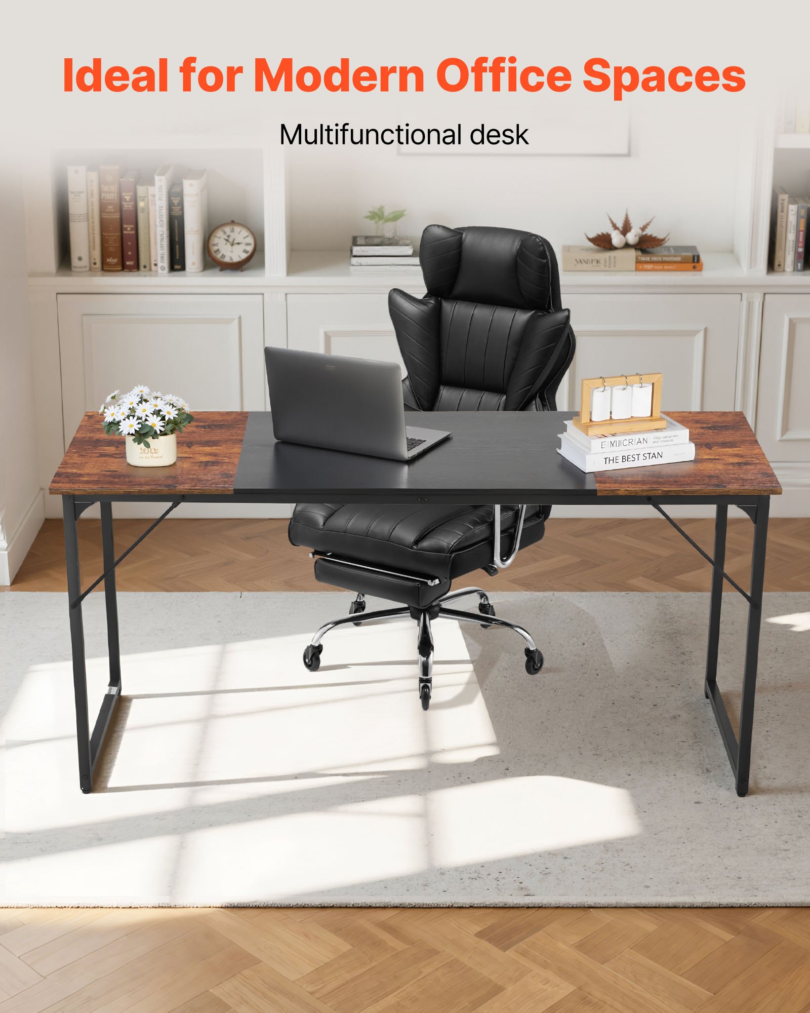 VEVOR Computerbureau Kantoortafel (160 x 60 cm Tafelblad), Moderne Werktafel met Metalen Frame en 68 kg Draagvermogen voor Thuiskantoor Studeerkamer Slaapkamer Woonkamer, Bruin Zwart
