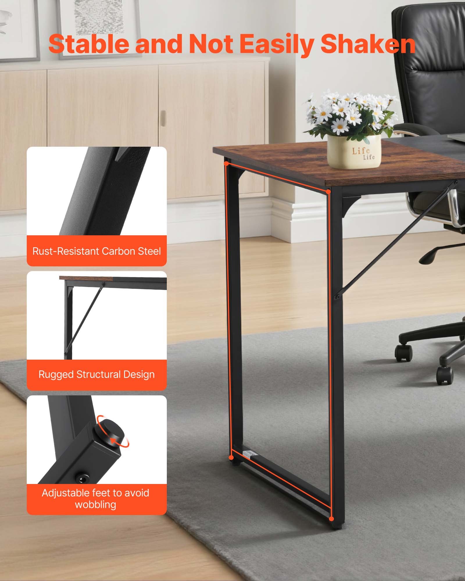 VEVOR Computerbureau Kantoortafel (160 x 60 cm Tafelblad), Moderne Werktafel met Metalen Frame en 68 kg Draagvermogen voor Thuiskantoor Studeerkamer Slaapkamer Woonkamer, Bruin Zwart