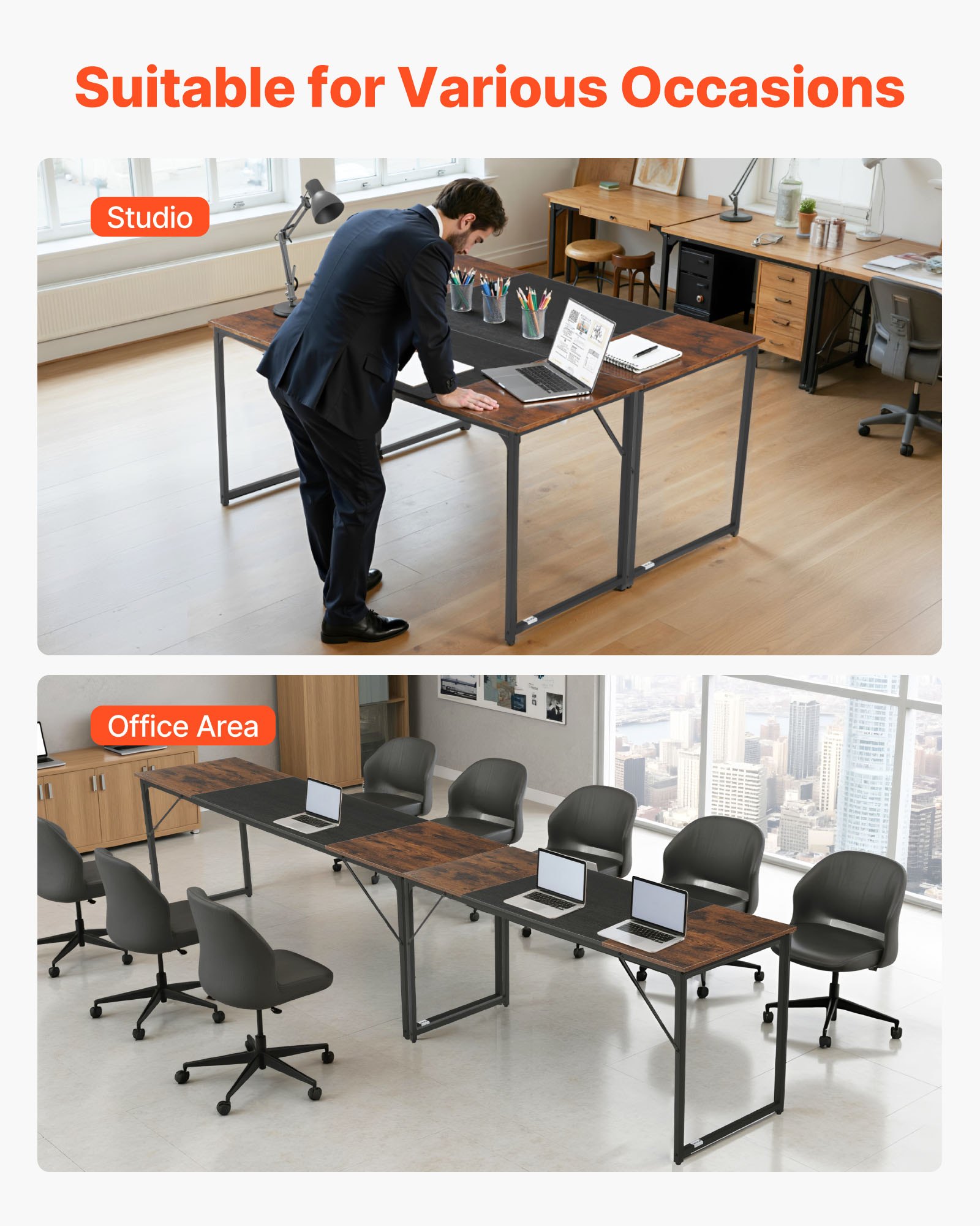 VEVOR Computerbureau Kantoortafel (160 x 60 cm Tafelblad), Moderne Werktafel met Metalen Frame en 68 kg Draagvermogen voor Thuiskantoor Studeerkamer Slaapkamer Woonkamer, Bruin Zwart