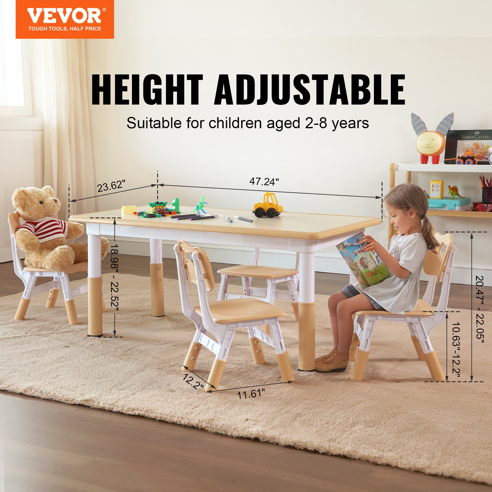VEVOR Kinderzitgroep, kindertafel, 4 kinderstoelen, 1 tafel, kinderzitgroep van PP, kindertafelset, verstelbaar 48,2-57,2 cm / 27-31 cm voor kinderen, meisjes, speelkamer, stabiele kindermeubelset