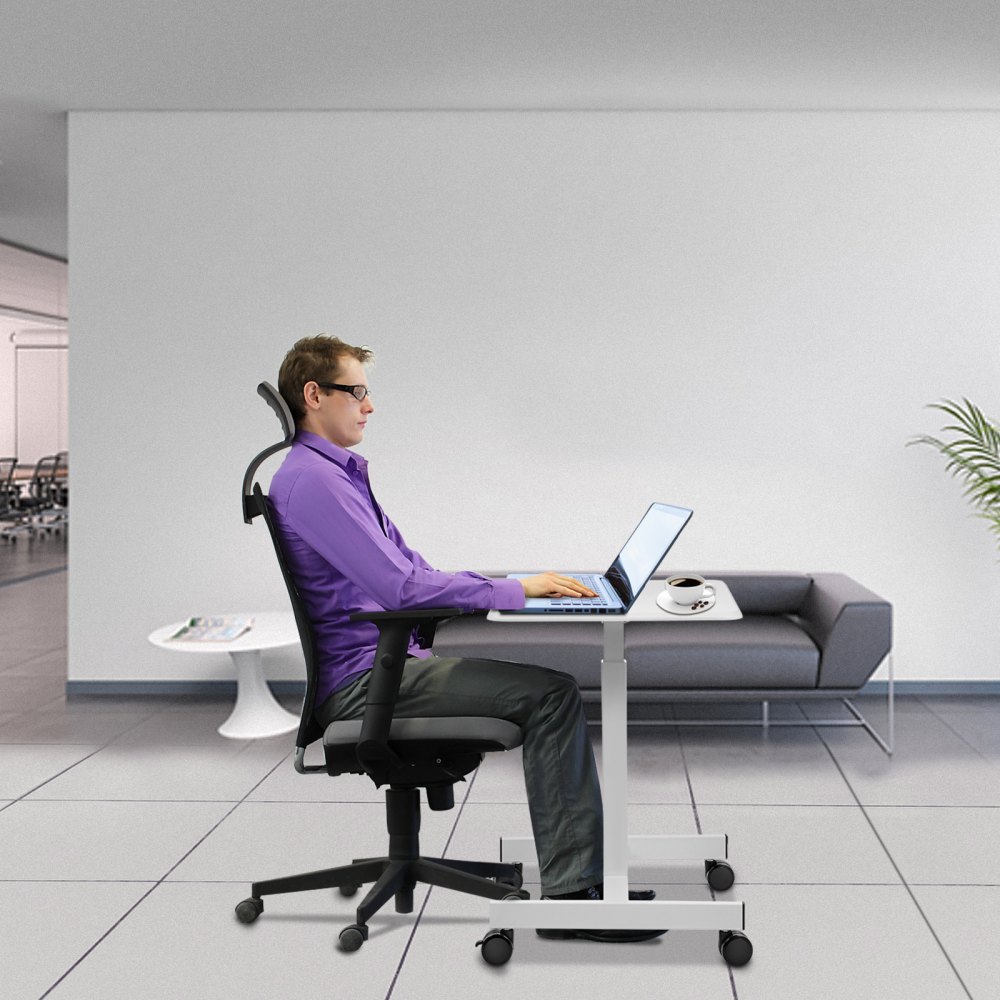 VEVOR Mobile Laptop Desk, 76 cm to 110 cm, Height Adjustable Rolling Laptop Desk with Gas Spring Riser, Swivel Casters and Hook, Home Office Computer Table for Standing or Sitting, White