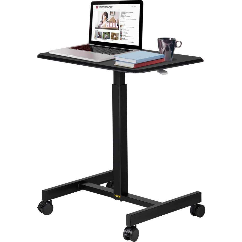 VEVOR Mobile Laptop Desk, 76 cm to 110 cm, Height Adjustable Rolling Laptop Desk with Gas Spring Riser, Swivel Casters and Hook, Home Office Computer Table for Standing or Sitting, Black