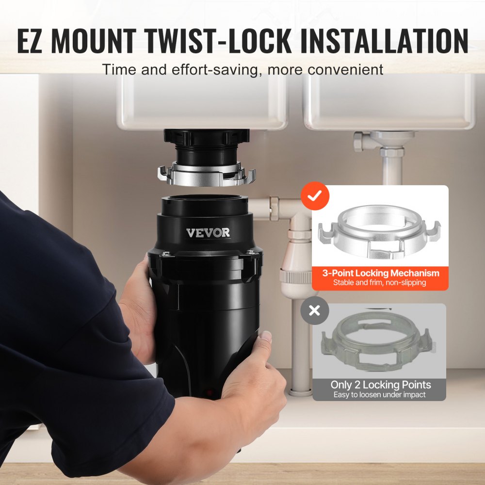 VEVOR Kitchen Garbage Disposal, Kitchen Waste Crusher, 1/2 HP, Food Waste Crushing System, EZ Assembly, 3820 RPM, Household Garbage Disposal, Garbage Disposal, Food Waste