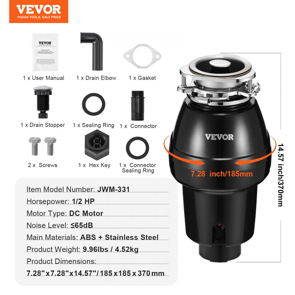 VEVOR Keukenafvalvermaler, Keukenafvalvermaler, 1/2 PK, Vermalingssysteem voor voedselresten, Bevestiging met 3 schroeven, 3820 RPM, Huishoudelijke afvalvermaler, Afvalverwerking, Voedselresten