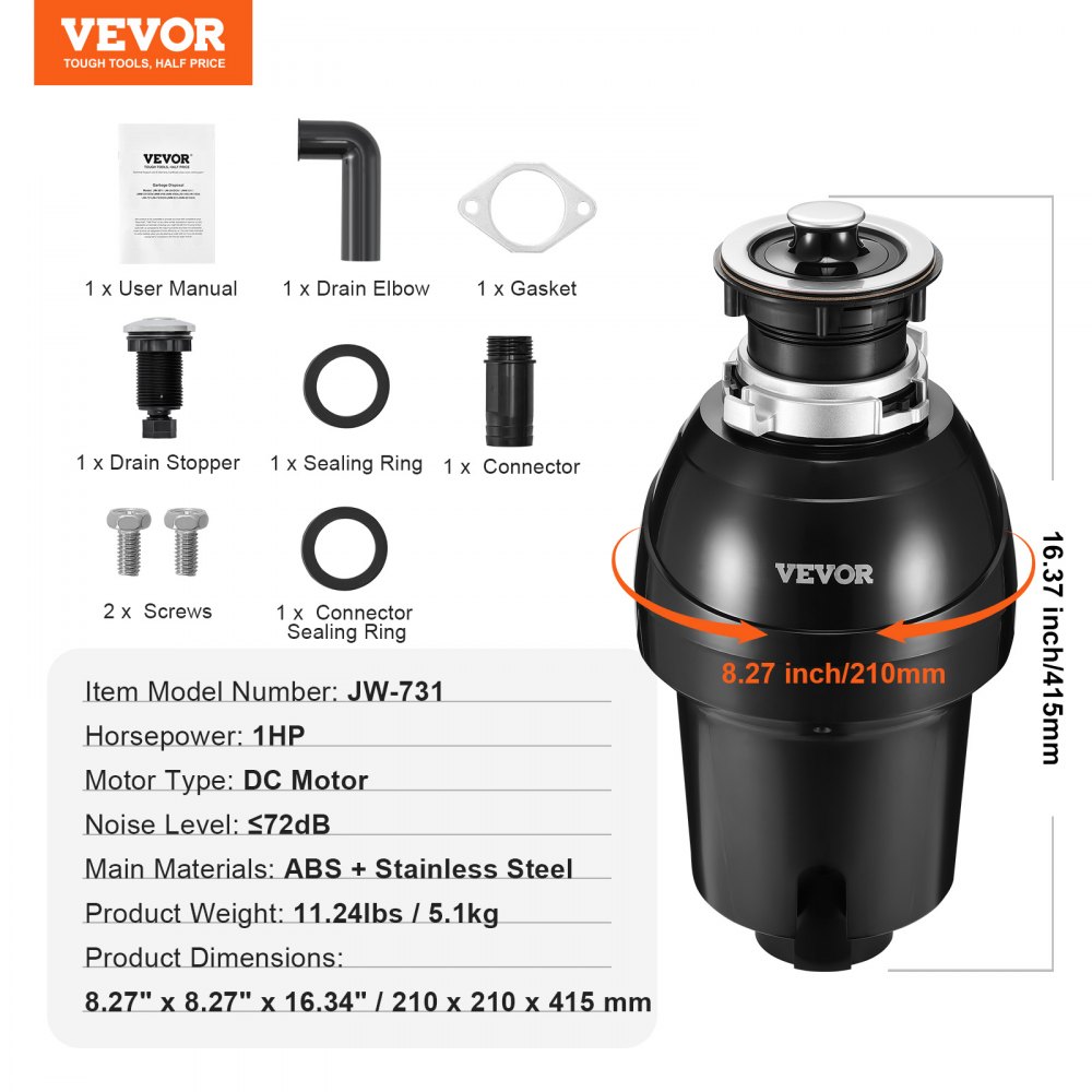 VEVOR Keukenafvalverwijderaar, Keukenafvalvergruizer, 1 PK, Voedselrestenvergruizingssysteem, Eenvoudige montage, 3960 RPM, Huishoudelijke afvalverwijderaar, Afvalverwerking, Voedselresten