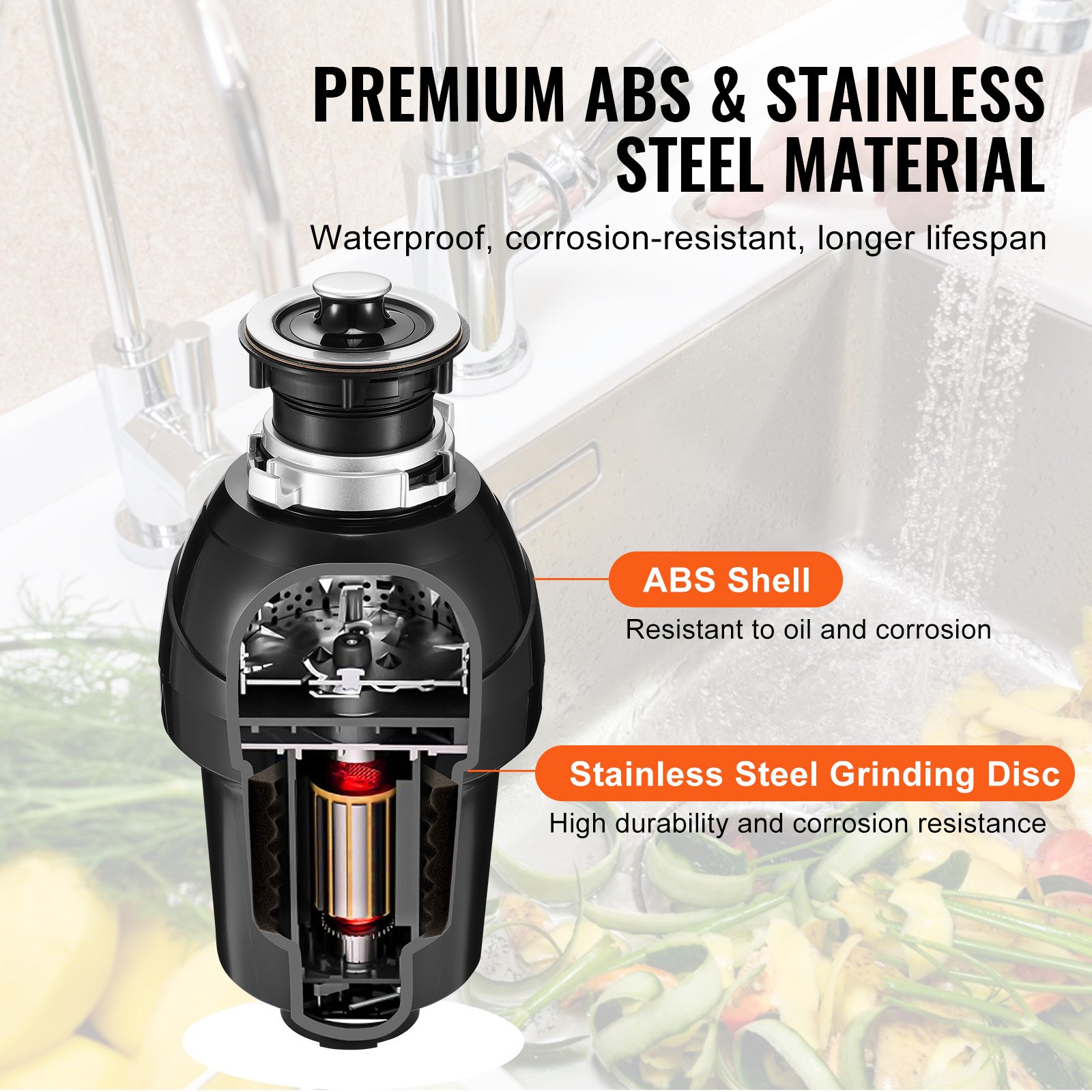 VEVOR Kitchen Garbage Disposal, Kitchen Waste Crusher, 1 HP, Food Waste Crushing System, EZ Assembly, 3960 RPM, Household Garbage Disposal, Garbage Disposal, Food Waste