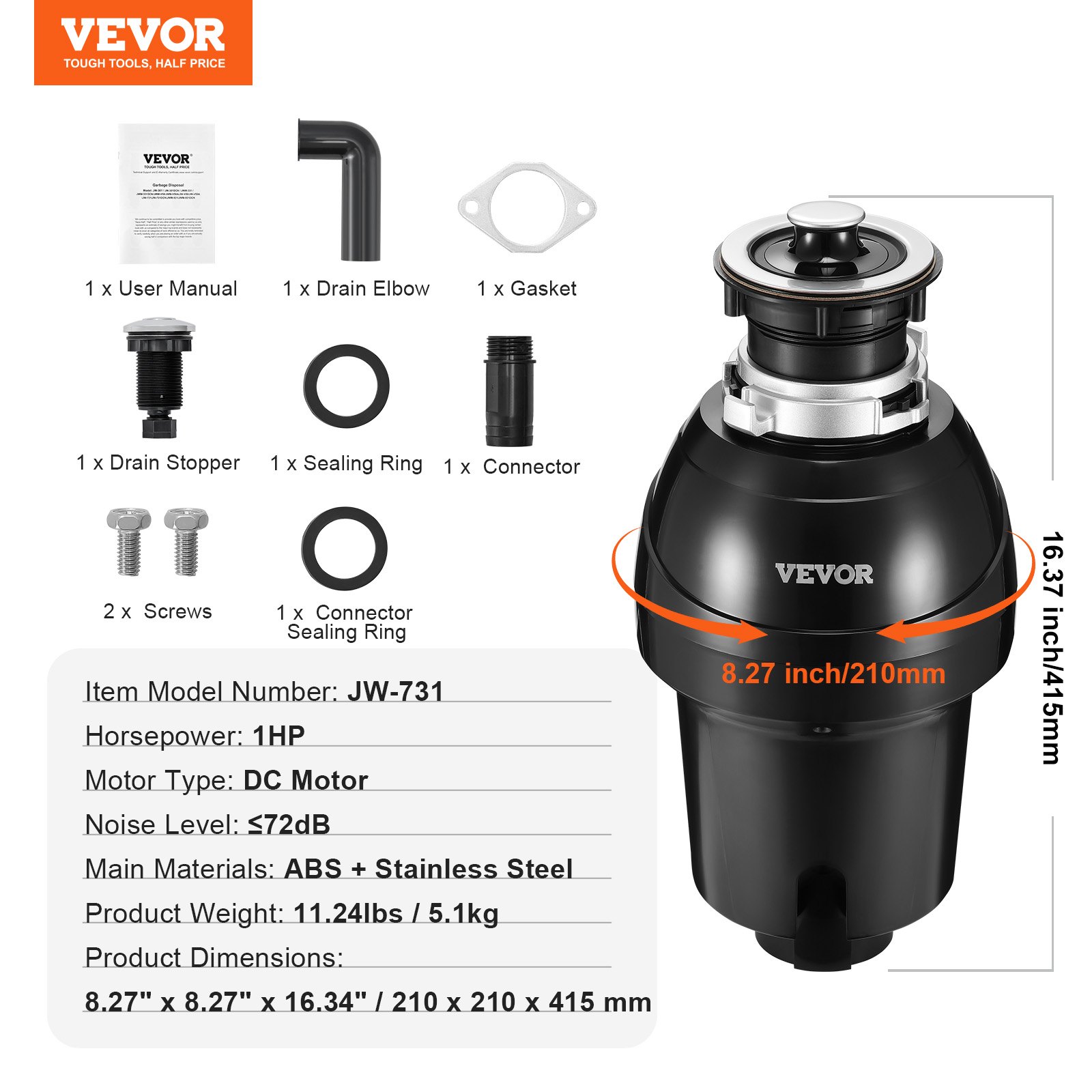 VEVOR Keukenafvalverwijderaar, Keukenafvalvergruizer, 1 PK, Voedselrestenvergruizingssysteem, Eenvoudige montage, 3960 RPM, Huishoudelijke afvalverwijderaar, Afvalverwerking, Voedselresten