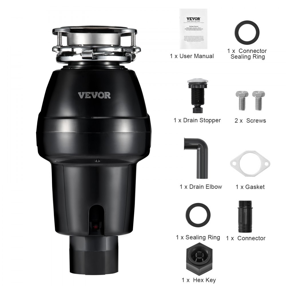 VEVOR Keukenafvalvermaler, Keukenafvalvermaler, 3/4 PK, Vermalingssysteem voor voedselresten, Bevestiging met 3 schroeven, 3600 RPM, Huishoudelijke afvalvermaler, Afvalverwerking, Voedselresten