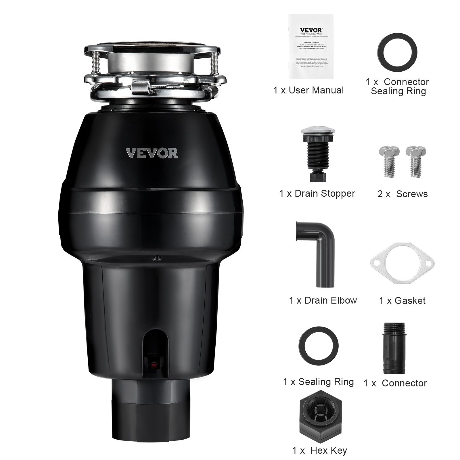 VEVOR Keukenafvalvermaler, Keukenafvalvermaler, 3/4 PK, Vermalingssysteem voor voedselresten, Bevestiging met 3 schroeven, 3600 RPM, Huishoudelijke afvalvermaler, Afvalverwerking, Voedselresten