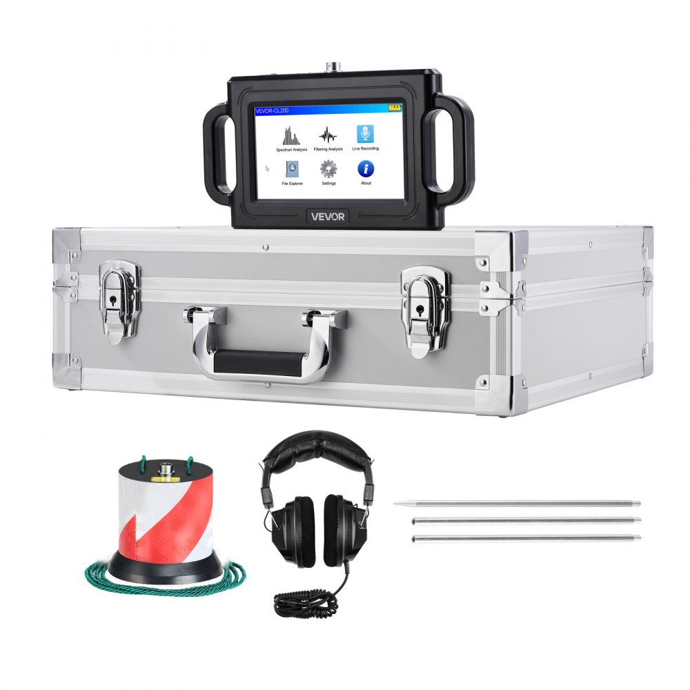 VEVOR Pipe Water Leak Detector, 1Hz-5000Hz, 7" Touchscreen Pipeline Leakage Detection Locator for 6.6FT (2m) Underground Plumbing – with Sensor, 3 Listening Rods, Headphones, 8GB Card & Carry Case