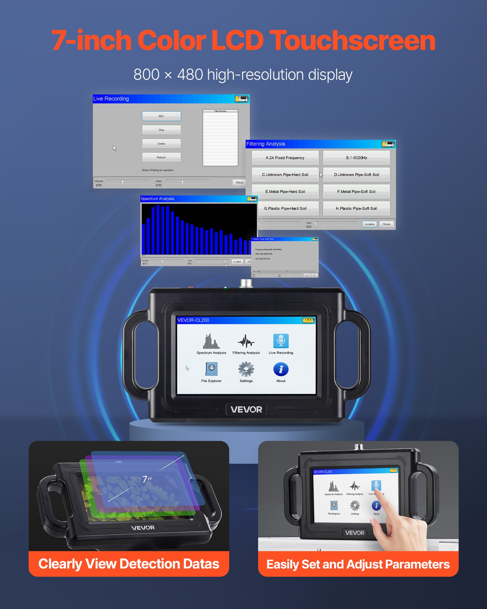 VEVOR Pipe Water Leak Detector, 1Hz-5000Hz, 7" Touchscreen Pipeline Leakage Detection Locator for 6.6FT (2m) Underground Plumbing – with Sensor, 3 Listening Rods, Headphones, 8GB Card & Carry Case