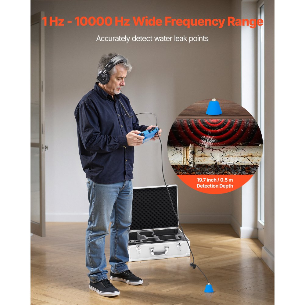 VEVOR-waterlekdetector voor leidingen, 1 Hz–10.000 Hz, 7-inch touchscreen, detectie van waterlekkage in leidingen met horizontale en verticale sensoren, hoofdtelefoon, 8 GB SD-kaart en draagtas