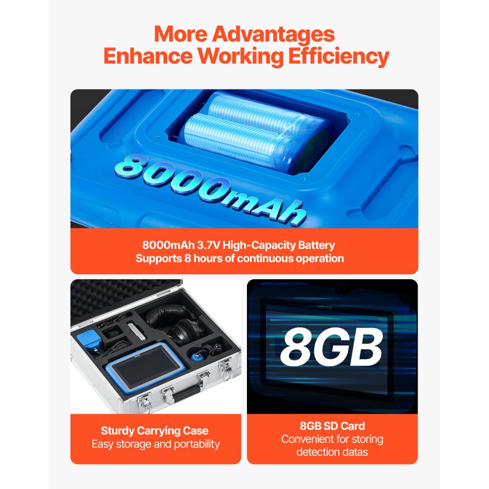 VEVOR-waterlekdetector voor leidingen, 1 Hz–10.000 Hz, 7-inch touchscreen, detectie van waterlekkage in leidingen met horizontale en verticale sensoren, hoofdtelefoon, 8 GB SD-kaart en draagtas