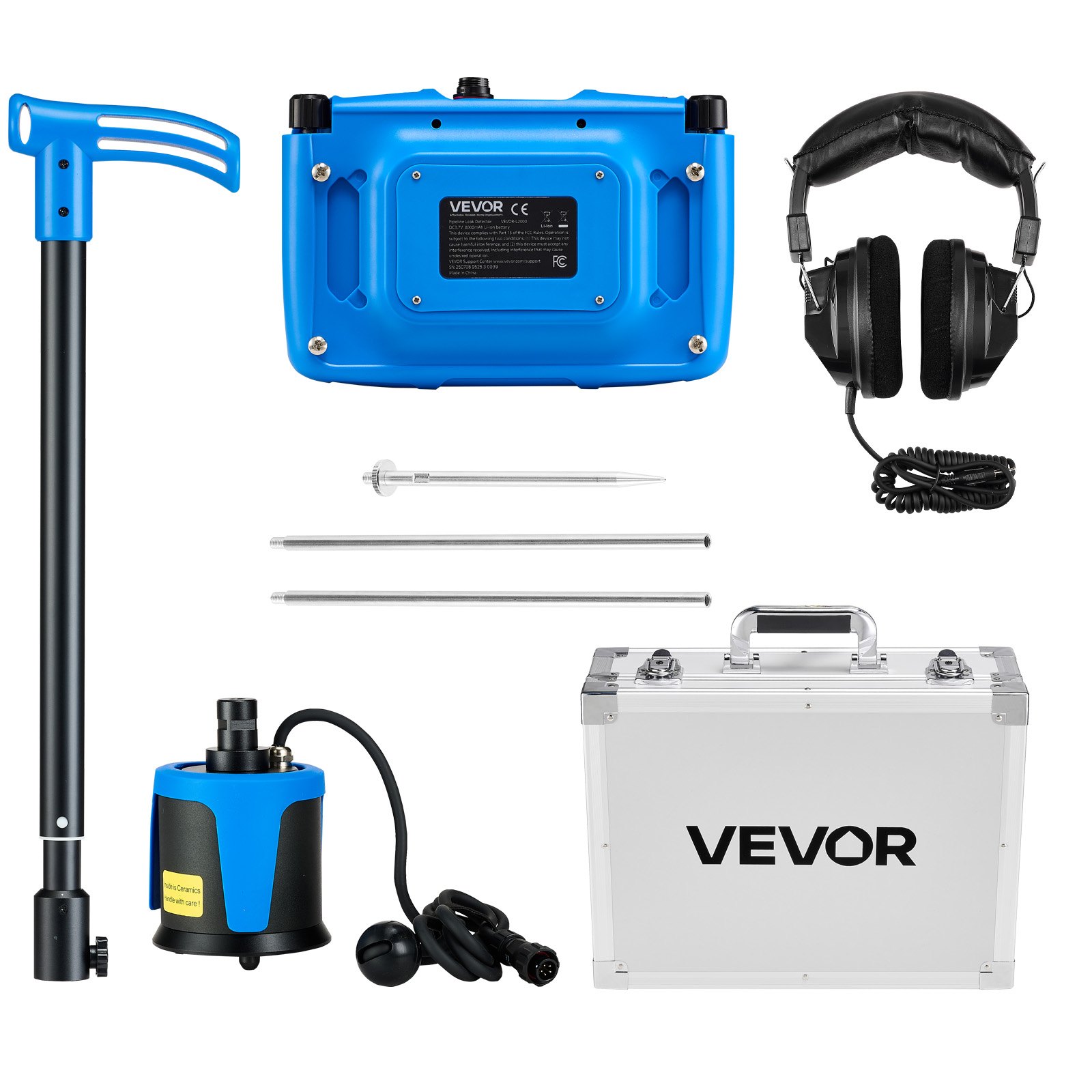 VEVOR Pipe Water Leak Detector for Outdoors, 1Hz-10000Hz, 7" Touchscreen Water Leakage Detection Locator for 16.4FT (5m) Underground Plumbing - with Medium Sensor, 3 Listening Rods, Headphone & Case