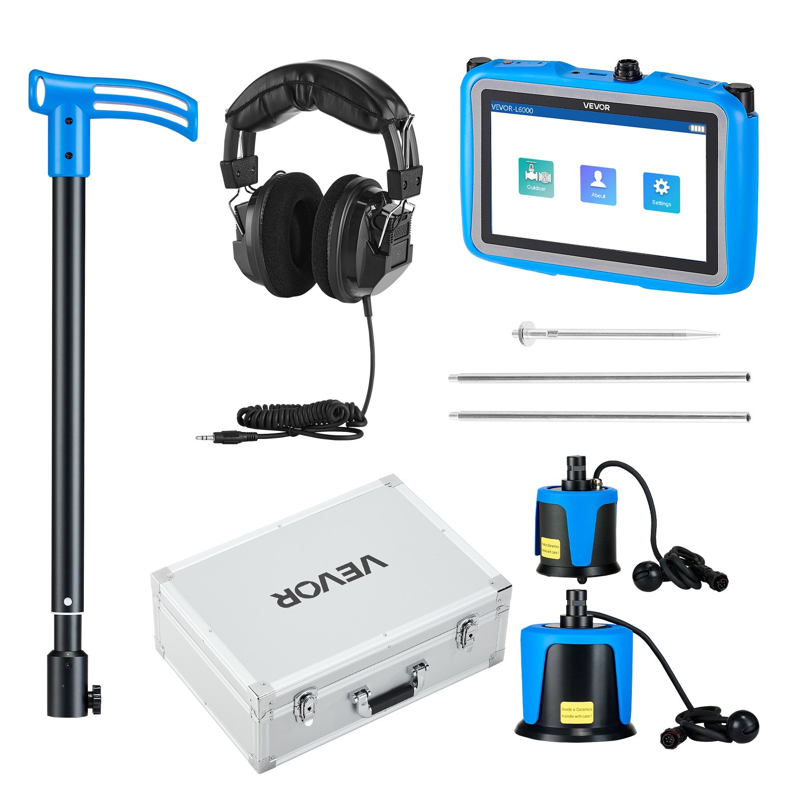 VEVOR-waterlekdetector, 1 Hz - 10.000 Hz, 7-inch touchscreen-lekdetector voor 5 m lange ondergrondse pijpleidingen - met middelgrote en grote sensor, 3 luisterstangen, koptelefoon en koffer