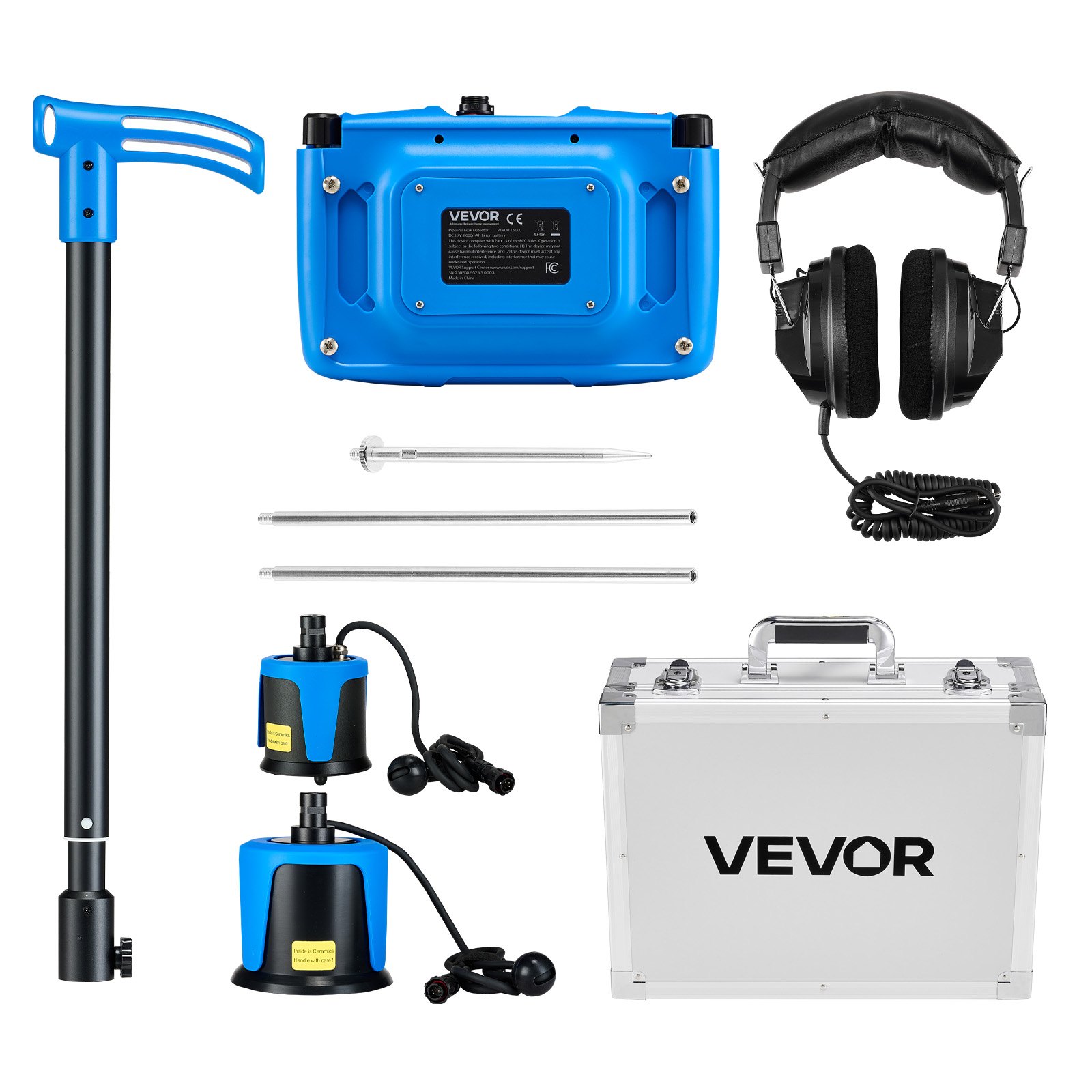 VEVOR-waterlekdetector, 1 Hz - 10.000 Hz, 7-inch touchscreen-lekdetector voor 5 m lange ondergrondse pijpleidingen - met middelgrote en grote sensor, 3 luisterstangen, koptelefoon en koffer