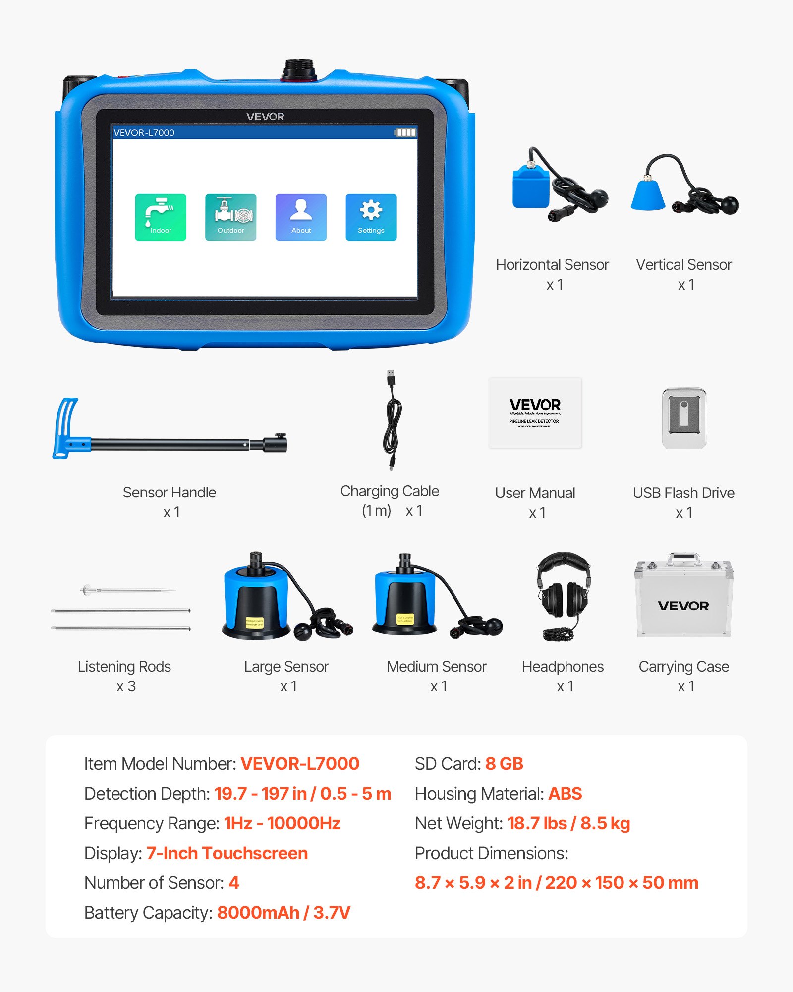 VEVOR Pipe Water Leak Detector with 4 Sensors, 1Hz-10000Hz, 7" Touchscreen Underground Plumbing Leakage Detection Locator with 3 Listening Rods, Headphones, 8GB Card & Carry Case for Indoors Outdoors