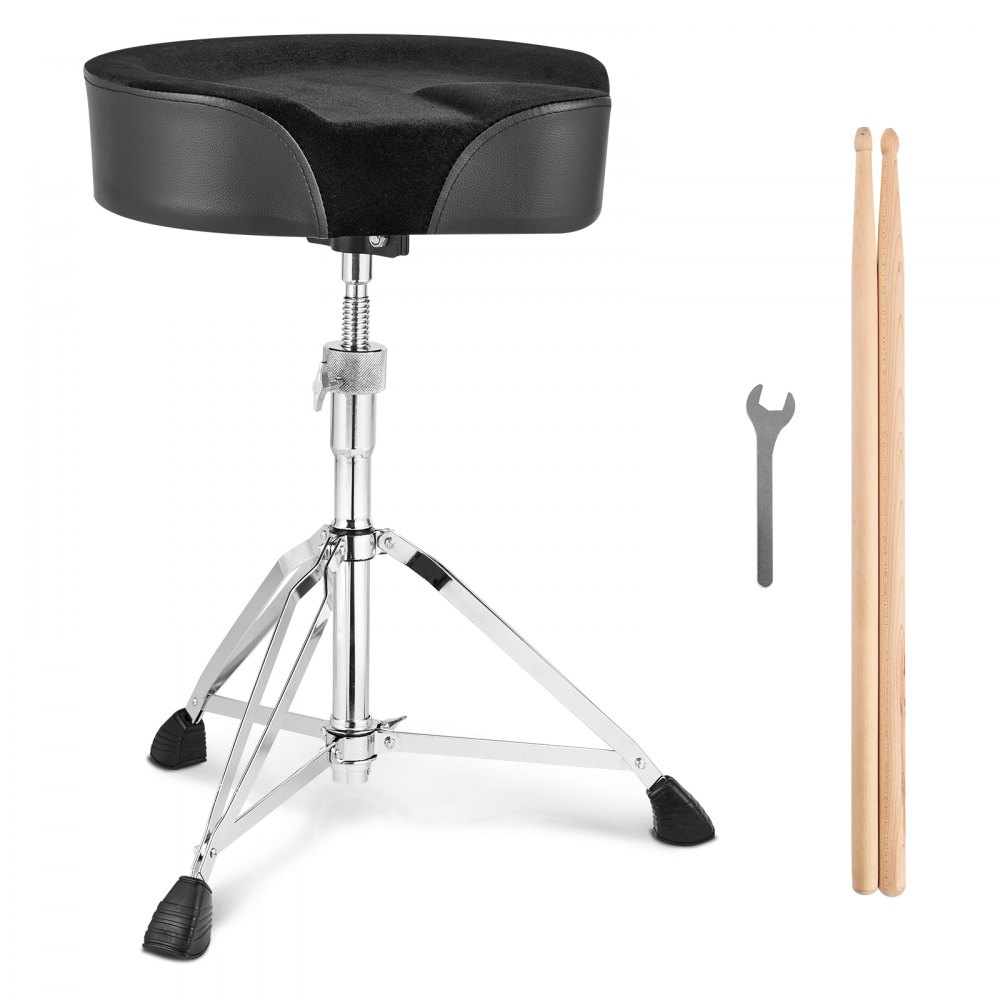 VEVOR drum throne with black cushion, chrome stand, drumsticks, and wrench.