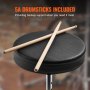 VEVOR drum throne with 5a drumsticks on a black cushioned seat, background blurred.