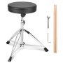 VEVOR drum throne with adjustable height, wooden drumsticks, and tools on white background.