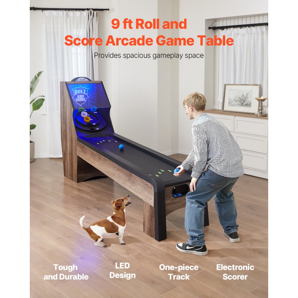 VEVOR 9 voet Roll and Score Classic Arcade Game Table, Indoor Game Set met elektronisch LED-scorebord, Automatische balretour voor huisfeest, 4 ballen inbegrepen