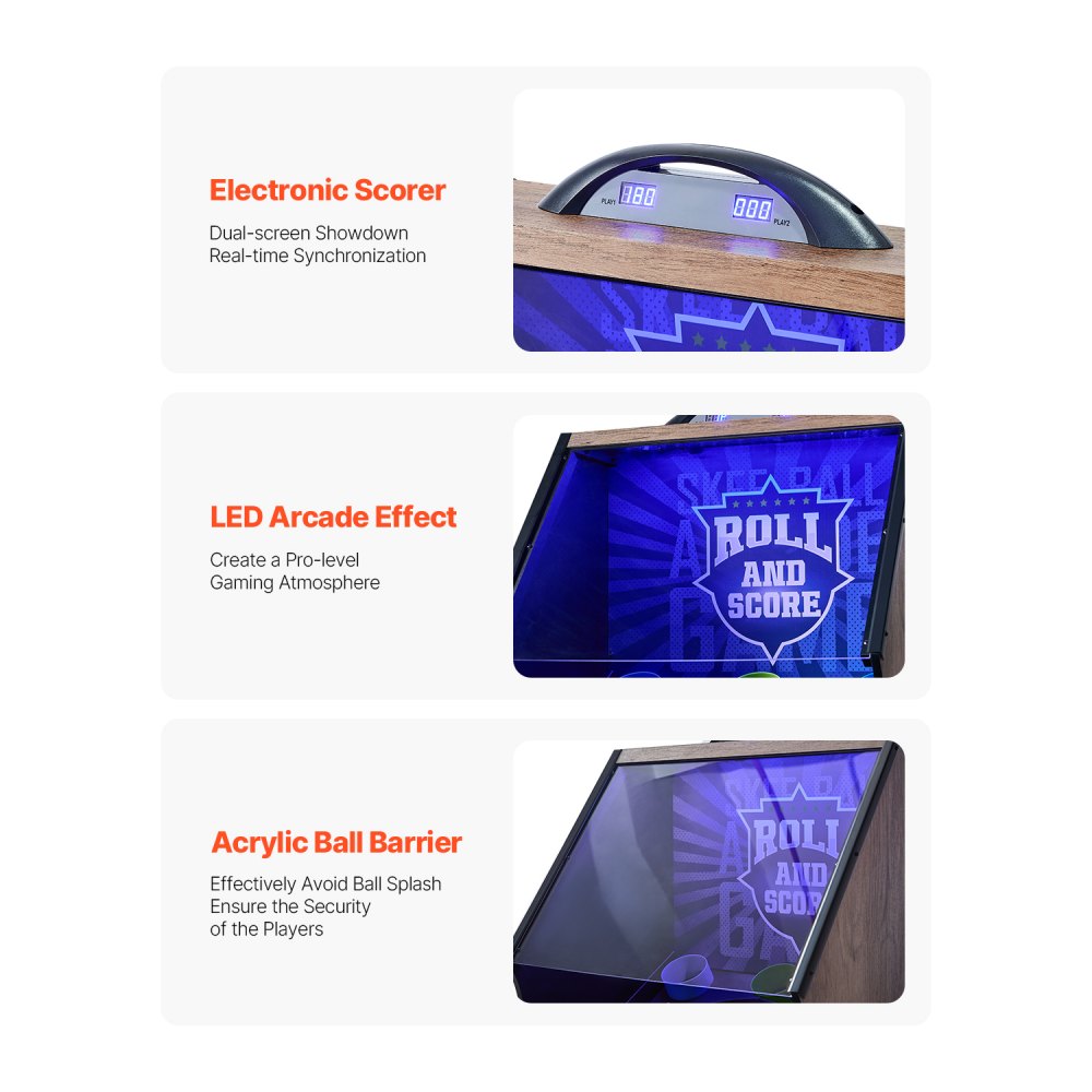 VEVOR 9 voet Roll and Score Classic Arcade Game Table, Indoor Game Set met elektronisch LED-scorebord, Automatische balretour voor huisfeest, 4 ballen inbegrepen
