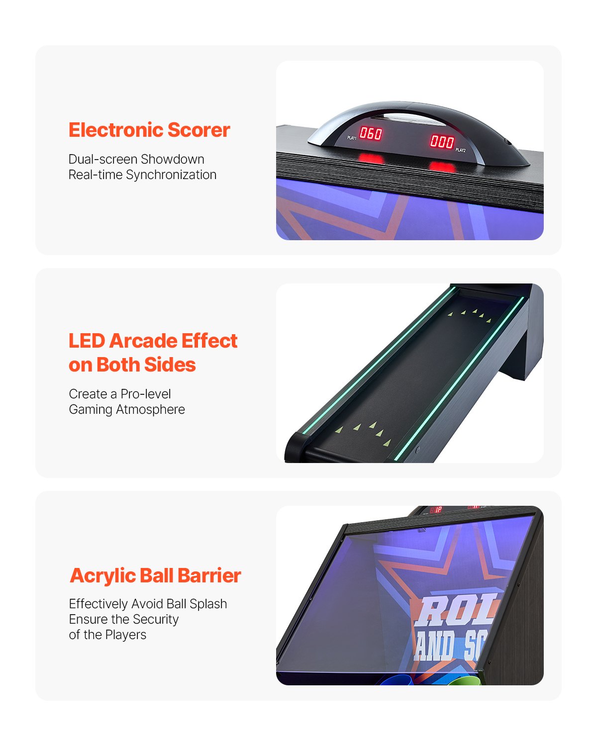 VEVOR 9 voet Roll and Score Classic Arcade Game Table, Indoor Game Set met elektronisch LED-scorebord, Automatische balretour voor thuisfeesten, Vier ballen inbegrepen