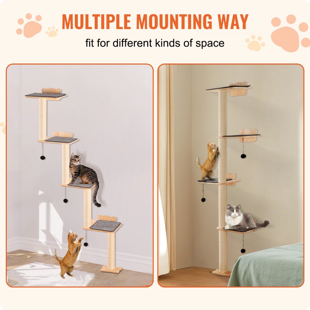 VEVOR 4 Tiers Cat Tree, Cat Wall Furniture Set with 4 Jumping Boards, Wall-Mounted Cat Floating Shelf up to 40 lbs, 12 mm Pine Wood Cat Perch for Sleeping, Playing, and Climbing