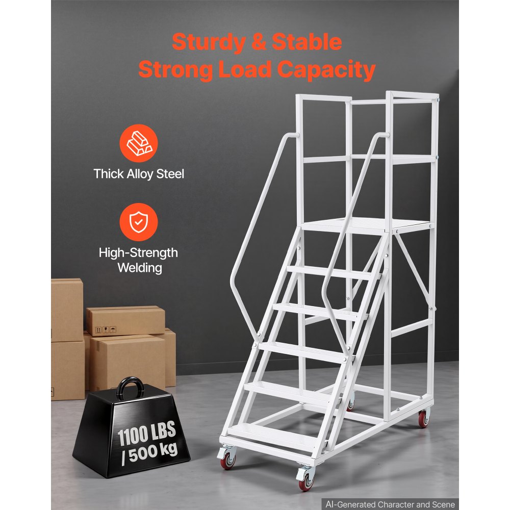 VEVOR 6-treden mobiele roltrap, magazijntrap, magazijnladder, 500 kg draagvermogen, rolbare ladder voor magazijnen, fabrieken, supermarkten en bibliotheken, stalen constructie, met leuningen, antislip pedalen en wielen met remmen.